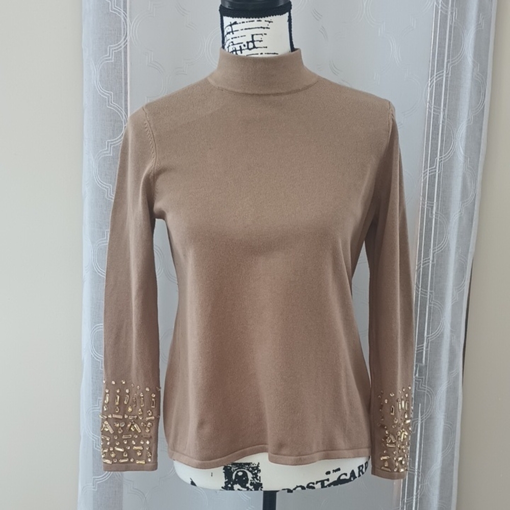 Chico's Tan Long Sleeve Sweater with Gold Embellishments